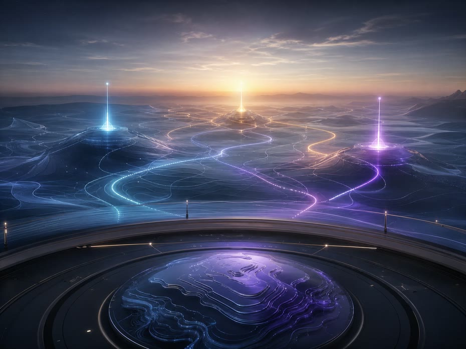 Flexible strategic directions connected by open paths across a distant horizon
