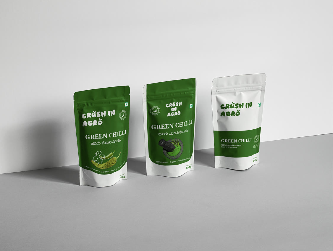 Crush In Agro Green Chilli pouch design - the same system carried across the range in green